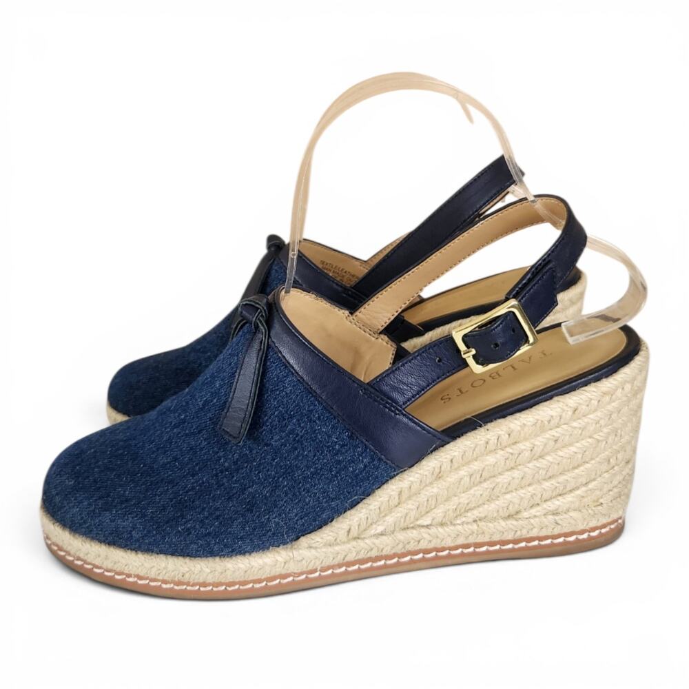 Talbots Saylor Bow Denim Wedge Sandals Womens 8.5 Heels Blue Slingback Classic